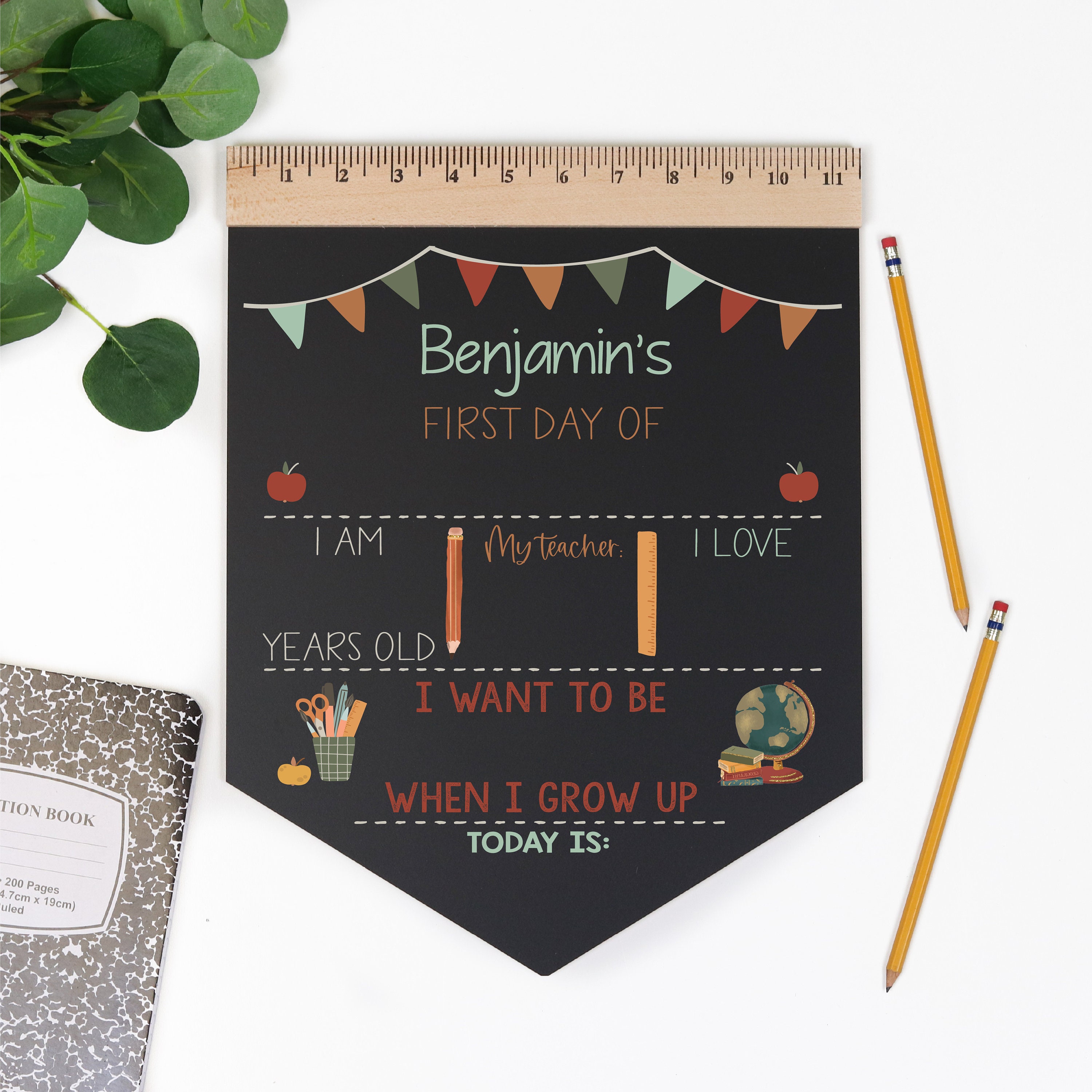 First Day of School Sign, Back to School Chalkboard, Reusable 1st Day Board, Last Day, Kindergarten, First Grade, Preschool, Ruler, BloomOwl