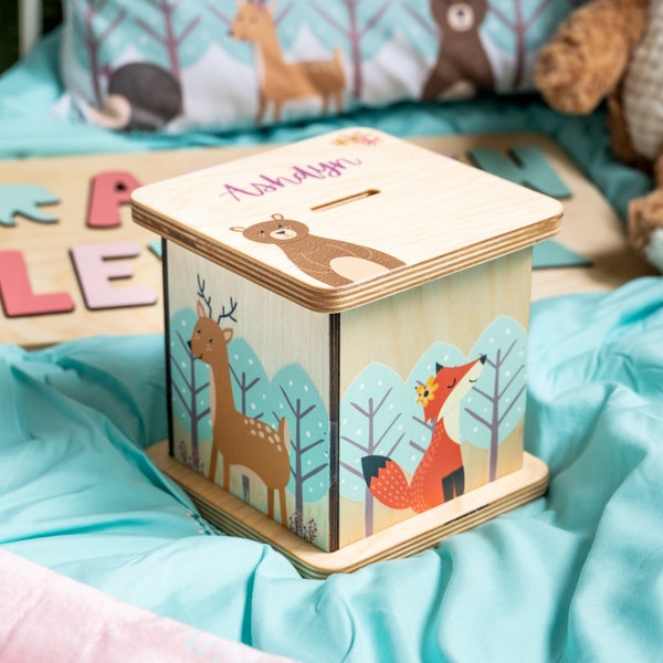 Tirelire boisée, cadeaux de Pâques, décor de pépinière de renard pour fille, cadeau de premier anniversaire, banque de pièces personnalisée, animaux des bois