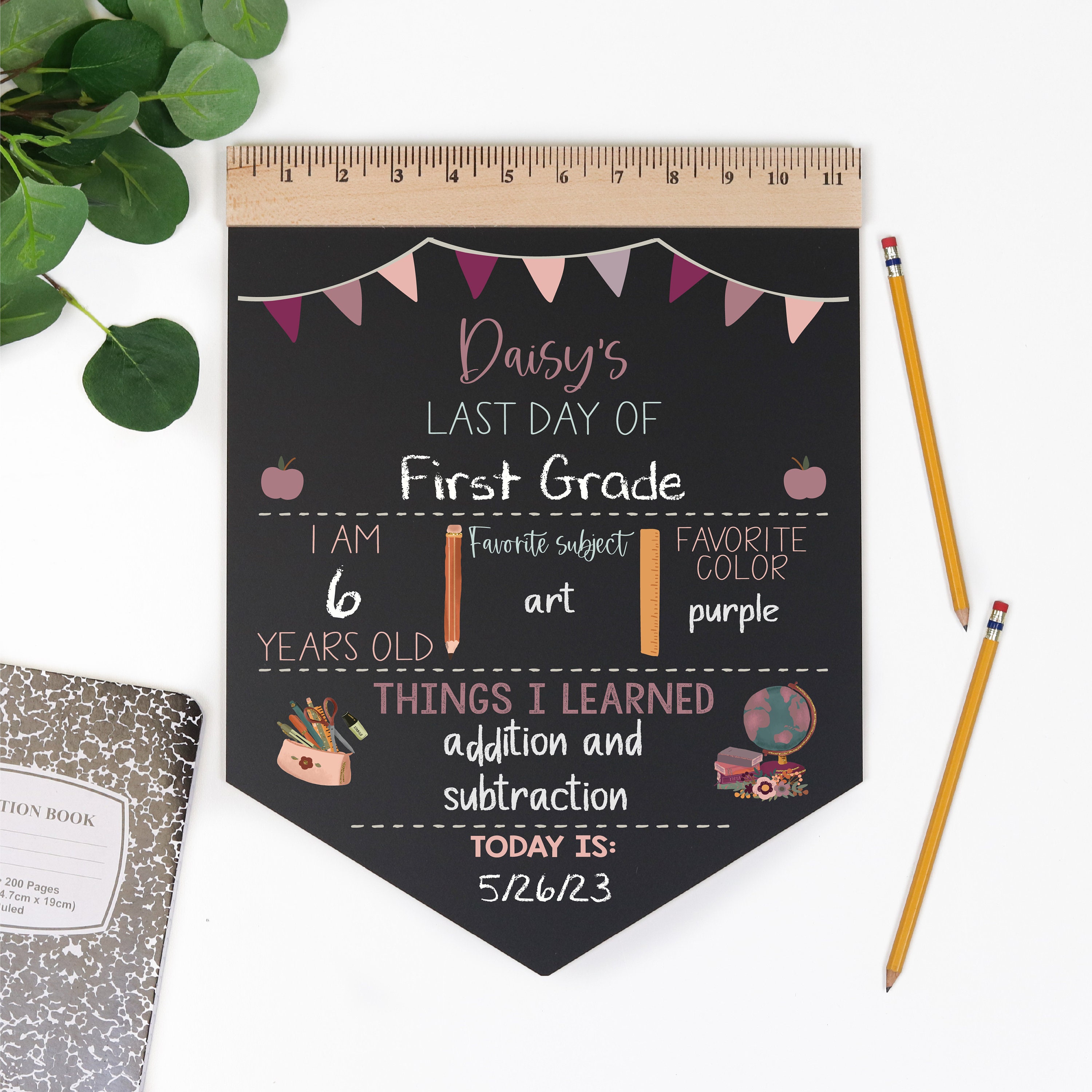 First Day of School Sign, Back to School Chalkboard, Reusable 1st Day Board, Last Day, Kindergarten, First Grade, Preschool, Ruler, BloomOwl