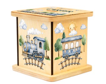 Wooden Piggy Bank, Train Railway Keepsake, Baby Boy Gift, Wooden Name Coin Transportation Bank, 1st Birthday, All Aboard Theme