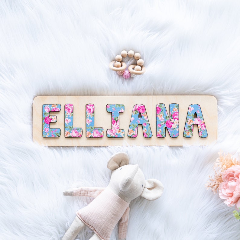 Floral Wooden Name Puzzle, Gift for Girl, Baby's First, Toddler Gifts, First Birthday Gift for Girl, Wood Toys, Gift for Kids 