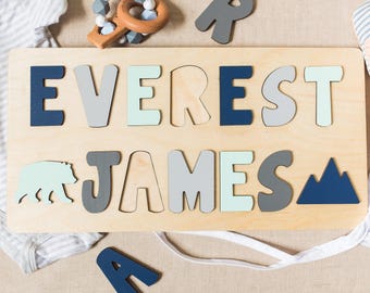 Wooden Puzzle with Two Names, Easter Gifts, Personalized Gift for Kid, Learning Toy, Wood Toy, First Birthday Gift, Woodland Nursery