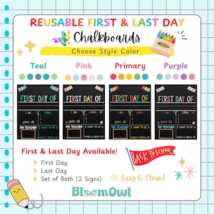 The image is a colorful advertisement for reusable first and last day chalkboards, featuring various styles of chalkboards in different colors and designs.