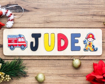 Firefighter Wooden Name Puzzle for Boy, Christmas Gift for Boys, First Birthday Gift, Wood Toys, Personalized Toddler Gift, Second Birthday