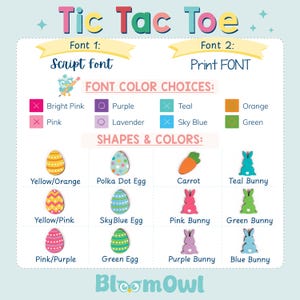 The image is a colorful guide to choosing font colors and Easter egg designs for a game called "Tic Tac Toe". It provides options for font colors and shapes, as well as Easter egg designs, for both script and print fonts.
