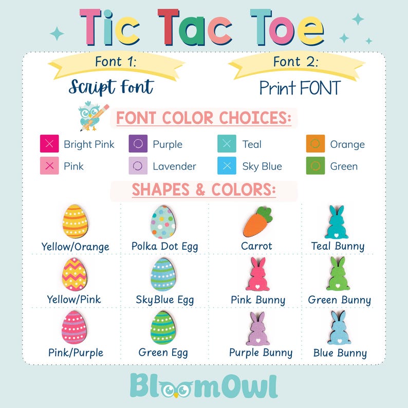 The image is a colorful guide to choosing font colors and Easter egg designs for a game called "Tic Tac Toe". It provides options for font colors and shapes, as well as Easter egg designs, for both script and print fonts.