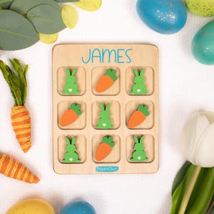 Tres en raya de Pascua, rellenos para cestas, regalo de Pascua para niños, juego de madera para niños, regalo personalizado, conejito, para niñas y niños imagen 5