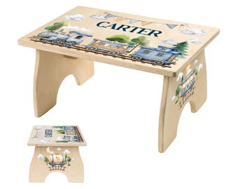 Train Wooden Step Stool, Personalized Name  Transportation Train, Railway Theme, All Aboard Step Stool, Bathroom Kitchen, Kids Birthday Gift