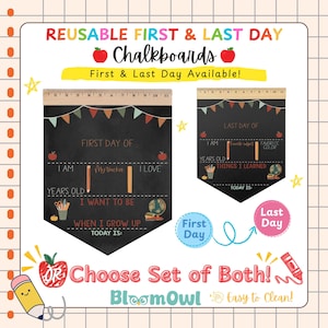 The image is an advertisement for reusable first and last day chalkboards, featuring a colorful design with illustrations of chalkboards and a ruler.