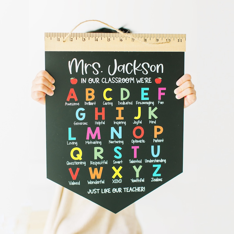 Teacher Appreciation Gift, Name Sign, End of Year Teacher Gift, Personalized Teacher Thank You, Appreciation Week, Chalkboard Ruler Sign image 1