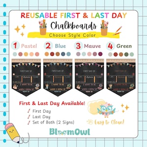 The image is a colorful advertisement for reusable first and last day chalkboards, featuring various color options and a cartoon owl.