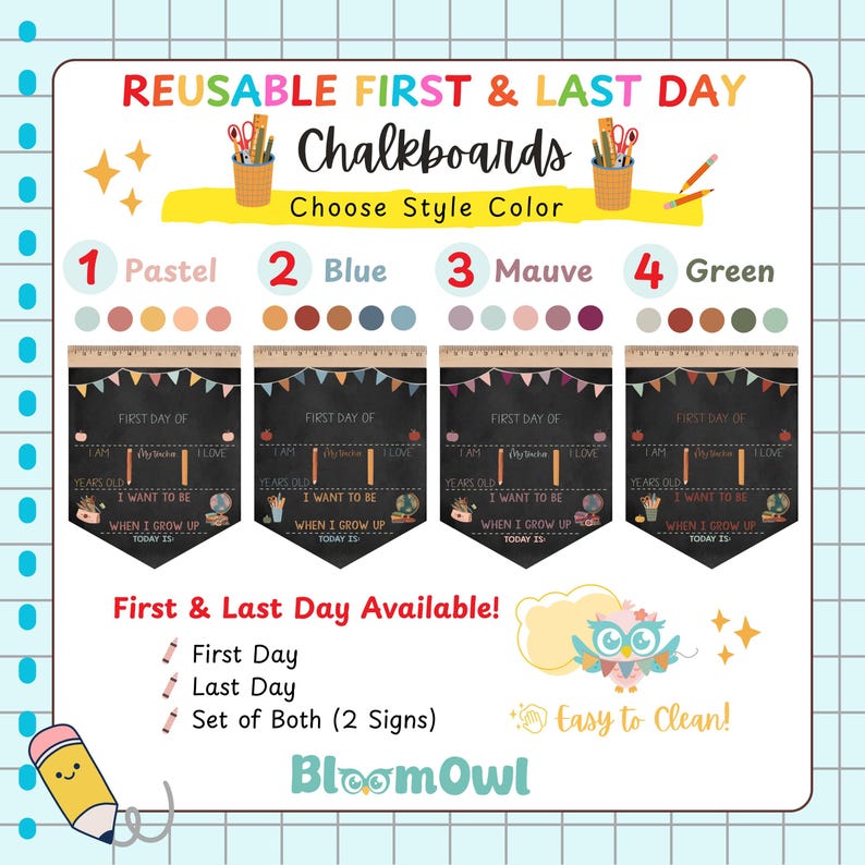 The image is a colorful advertisement for reusable first and last day chalkboards, featuring various color options and a cartoon owl.