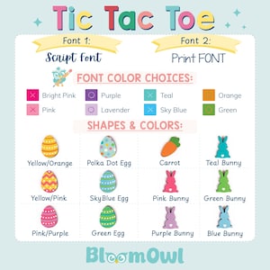 The image is a colorful guide to choosing font colors and Easter egg designs for a game called "Tic Tac Toe". It provides options for font colors and shapes, as well as Easter egg designs, for both script and print fonts.