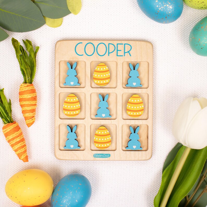 Tres en raya de Pascua, rellenos para cestas, regalo de Pascua para niños, juego de madera para niños, regalo personalizado, conejito, para niñas y niños imagen 6