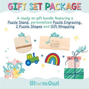 The image is a colorful gift set package featuring a Puzzle Stand, personalized Puzzle Engraving, 2 Puzzle Shapes, and Gift Wrapping.