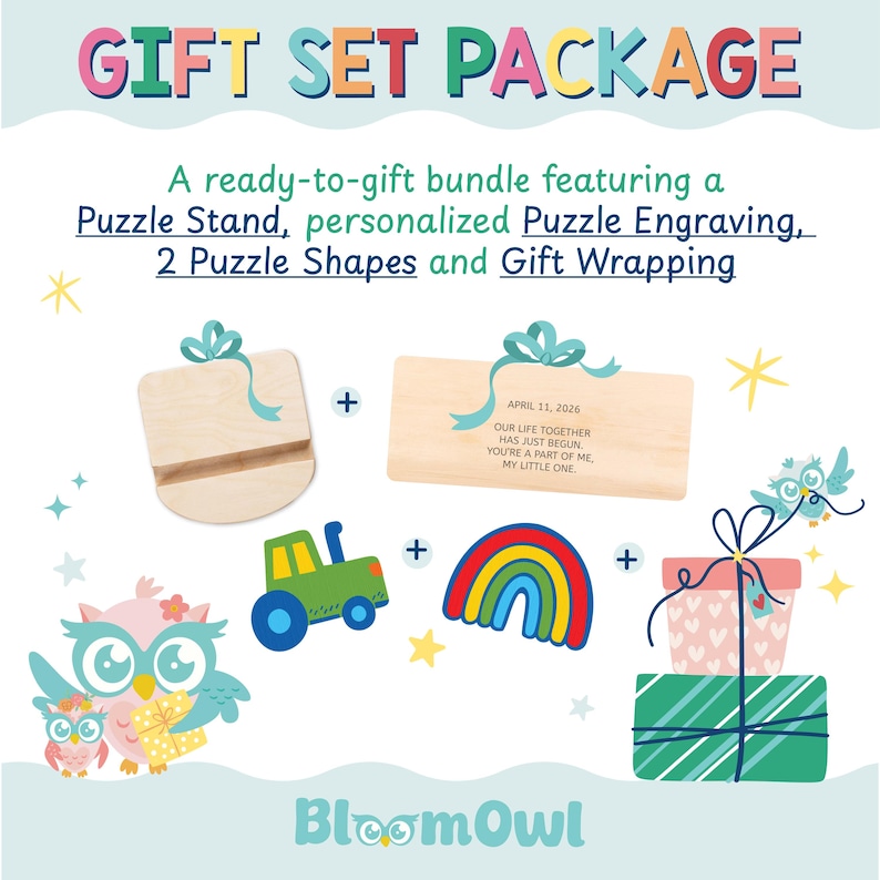 The image is a colorful gift set package featuring a Puzzle Stand, personalized Puzzle Engraving, 2 Puzzle Shapes, and Gift Wrapping.
