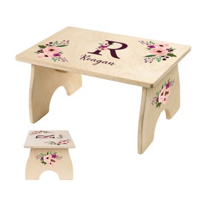 May include: A wooden step stool with a floral design and the name "Reagan" and the letter "R" printed on the top. The stool is light brown and has a white background with pink and purple flowers.
