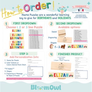 The image is a colorful and detailed guide on how to order name puzzles, including step-by-step instructions and available options for creating personalized puzzles.