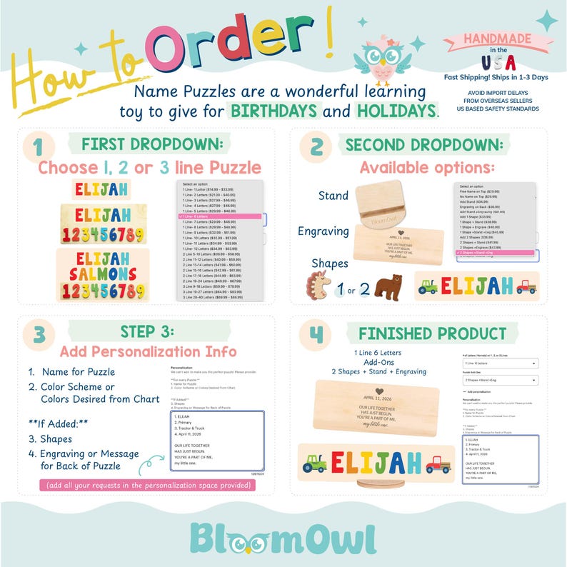 The image is a colorful and detailed guide on how to order name puzzles, including step-by-step instructions and available options for creating personalized puzzles.