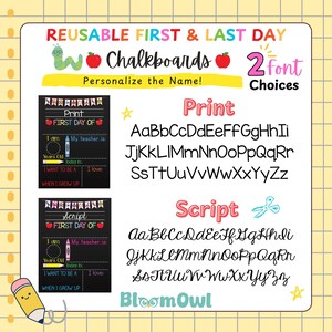 The image is a colorful advertisement for reusable first and last day chalkboards, featuring a variety of chalkboard designs and names.