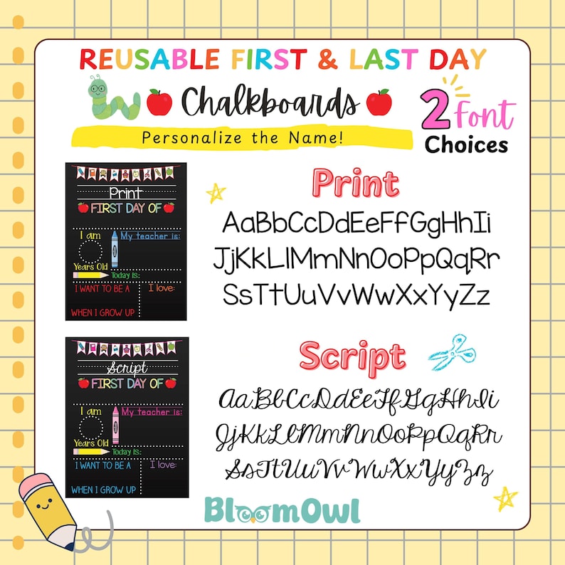 The image is a colorful advertisement for reusable first and last day chalkboards, featuring a variety of chalkboard designs and names.