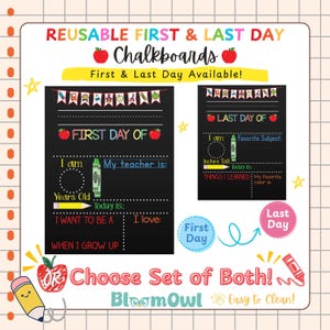 The image is a colorful advertisement for reusable first and last day chalkboards, featuring a variety of chalkboard designs and sizes.
