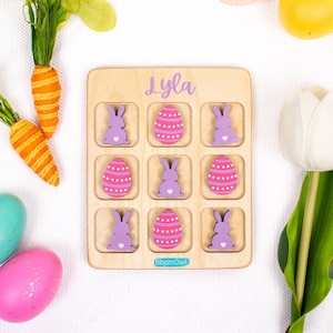 Tres en raya de Pascua, rellenos para cestas, regalo de Pascua para niños, juego de madera para niños, regalo personalizado, conejito, para niñas y niños imagen 1
