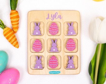 Tres en raya de Pascua, rellenos para cestas, regalo de Pascua para niños, juego de madera para niños, regalo personalizado, conejito, para niñas y niños