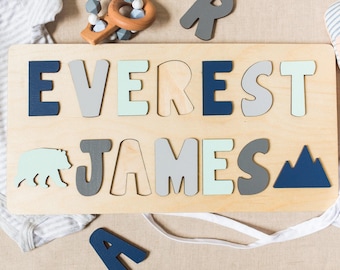 Wooden Puzzle with Two Names, Easter Gifts, Personalized Gift for Kid, Learning Toy, Wood Toy, First Birthday Gift, Woodland Nursery