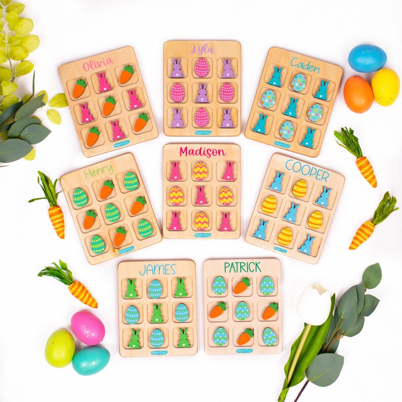 Tres en raya de Pascua, rellenos para cestas, regalo de Pascua para niños, juego de madera para niños, regalo personalizado, conejito, para niñas y niños Carrot- Yellow/Orange Egg
