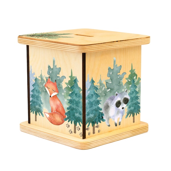 Tirelire en bois, tirelire personnalisée, décoration de chambre d'enfant dans les bois, cadeau de premier anniversaire, tirelire, cadeaux de Pâques pour enfants