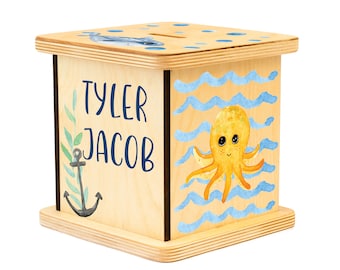Under The Sea Bank, Personalized Easter Gift, For Boys, Ocean Nursery, Wooden Piggy Bank, Money Box, Nautical Baby Shower