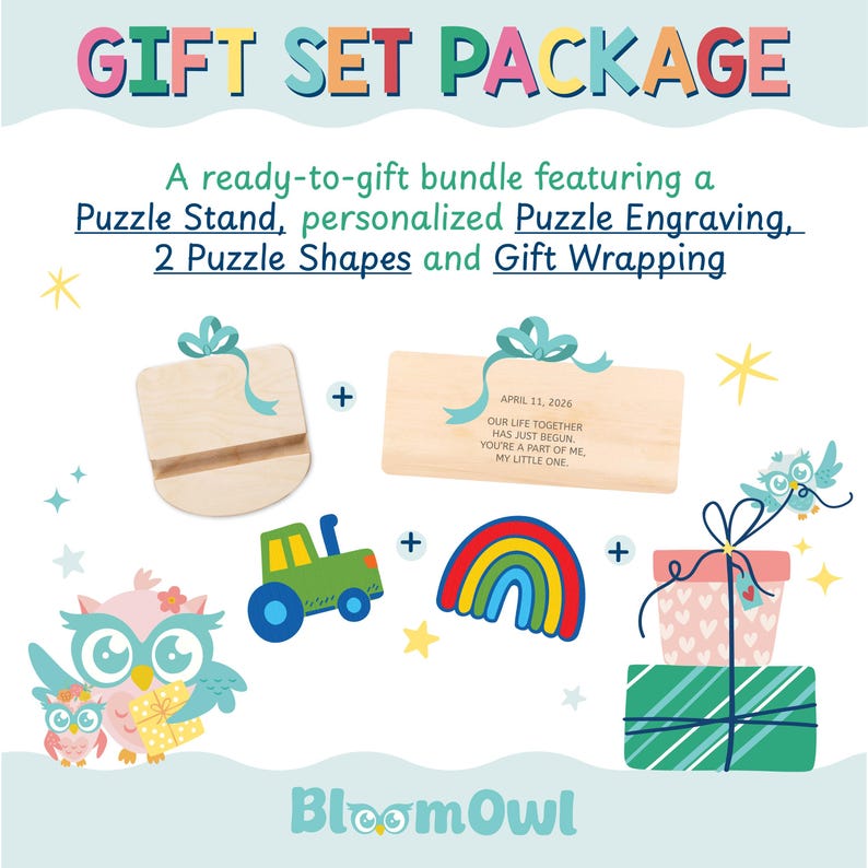 The image is a colorful gift set package featuring a Puzzle Stand, personalized Puzzle Engraving, 2 Puzzle Shapes, and Gift Wrapping.