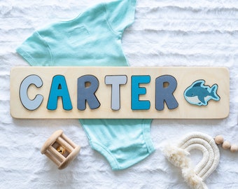 Shark Wooden Name Puzzle, Easter Basket Stuffers, First Birthday Gift, Baby Puzzle with Shark, Wood Toys, Personalized Birthday Gift