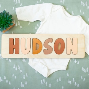 Wooden Name Puzzle, Valentine's Day Gift, Easter Gifts, Personalized Gift for Kids, Toddler Toys, New Baby Gift, Custom Name Puzzle Earthy (Hudson)