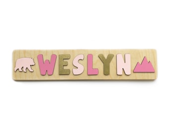 Name Puzzle with Bear and Mountain, Valentine's Day Gift, Personalized Easter Gifts for Girls, Wood Toy, Puzzles for Girl, New Baby Gift