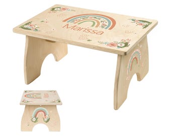 Taburete infantil arcoíris, taburete para niños pequeños, taburete infantil de madera personalizado, regalo para niña de las flores, muebles infantiles, taburete de baño