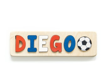 Soccer Puzzle for Toddler, Personalized Easter Gift for Kids, Custom Name Puzzle, Sports Theme Nursery, Wood Toy, Custom Name Puzzle