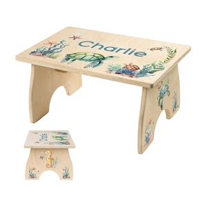 May include: A small wooden step stool with a light wood finish. The top surface is decorated with aquatic illustrations, including a green sea turtle, coral, and the name "Charlie" in blue script. The stool has a sturdy, simple design.