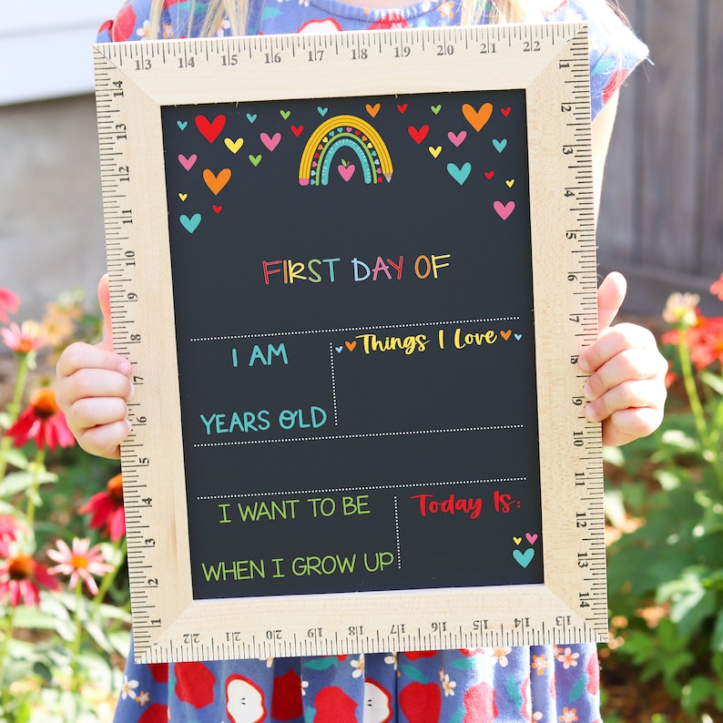 First Day of School Sign, Back to School Chalkboard, Reusable 1st Day Board, Last Day, Kindergarten, First Grade, Preschool, Ruler, BloomOwl Option 1 - Rainbow