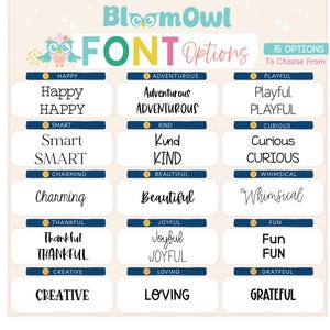 May include: A chart with 15 different font options for names. The chart is divided into 3 columns with 5 rows each. Each row has a word in a different font style. The words are: Happy, Adventurous, Playful, Smart, Charming, Thankful, Creative, Kind, Beautiful, Joyful, Loving, Curious, Whimsical, Fun, Grateful.