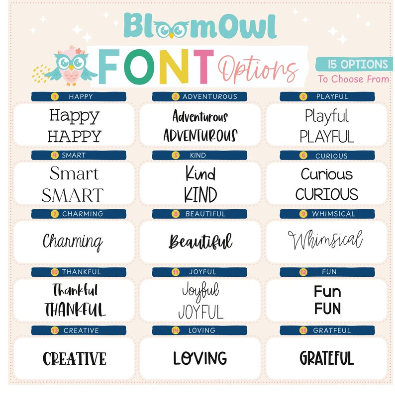 May include: A chart with 15 different font options for names. The chart is divided into 3 columns with 5 rows each. Each row has a word in a different font style. The words are: Happy, Adventurous, Playful, Smart, Charming, Thankful, Creative, Kind, Beautiful, Joyful, Loving, Curious, Whimsical, Fun, Grateful.
