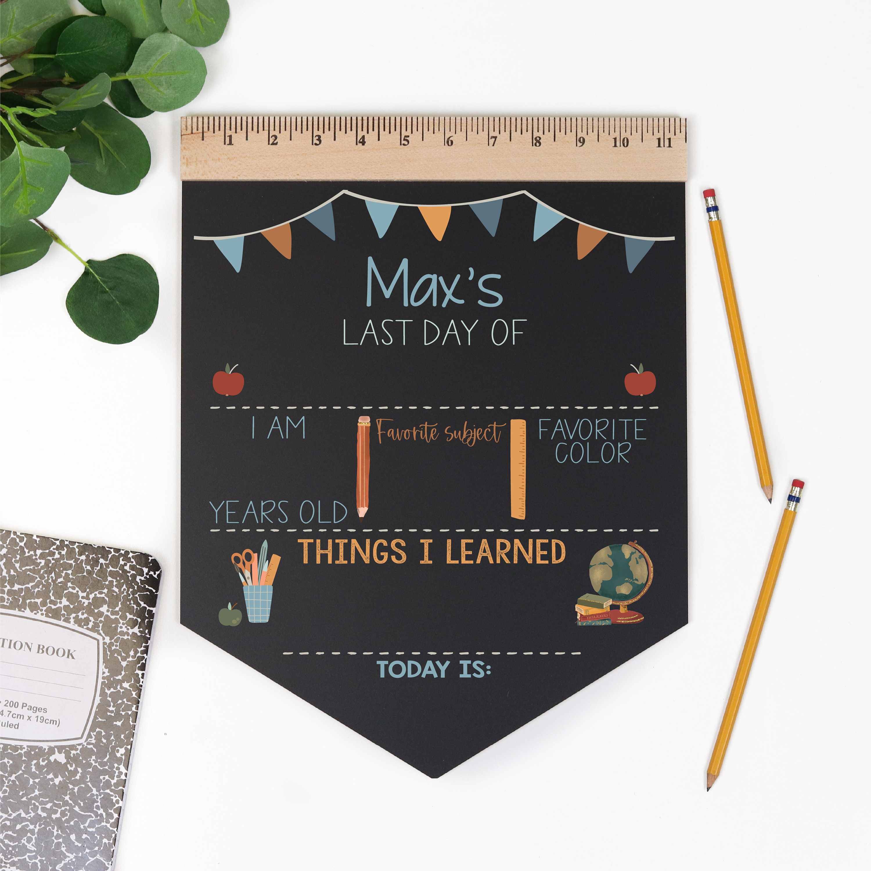 First Day of School Sign, Back to School Chalkboard, Reusable 1st Day Board, Last Day, Kindergarten, First Grade, Preschool, Ruler, BloomOwl