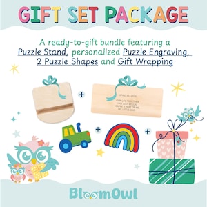 The image is a colorful gift set package featuring a Puzzle Stand, personalized Puzzle Engraving, 2 Puzzle Shapes, and Gift Wrapping.