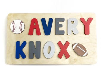 Casse-tête de football, cadeaux de Pâques personnalisés pour garçon, casse-tête de nom de baseball, jouet de basket-ball en bois pour garçon, cadeau d'anniversaire pour garçon, casse-tête de sport