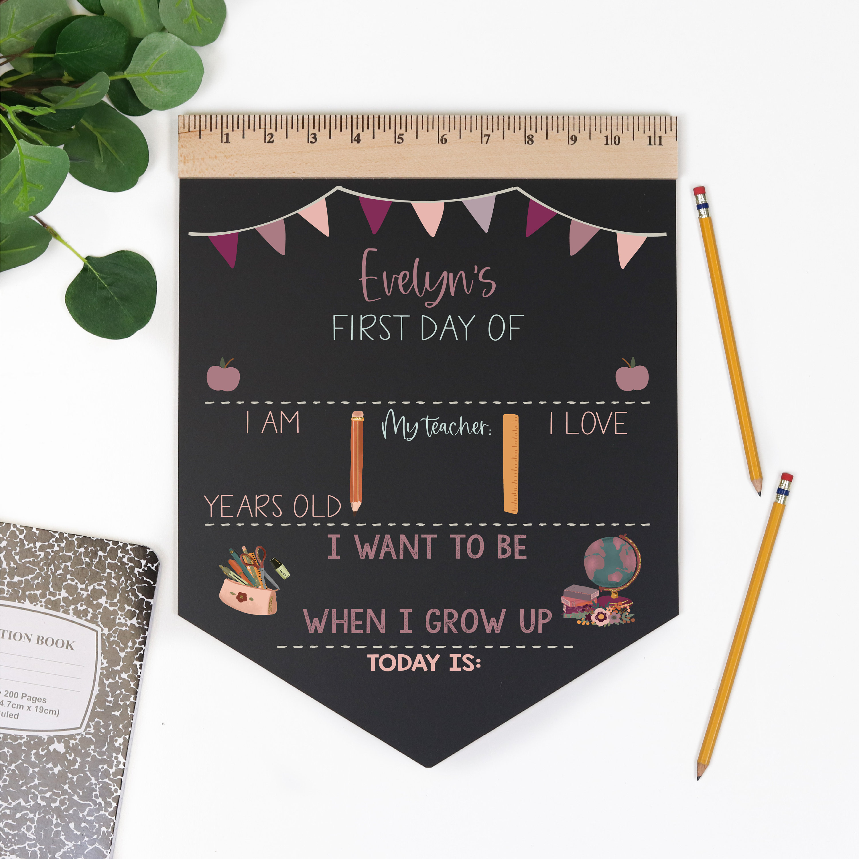 First Day of School Sign, Back to School Chalkboard, Reusable 1st Day Board, Last Day, Kindergarten, First Grade, Preschool, Ruler, BloomOwl