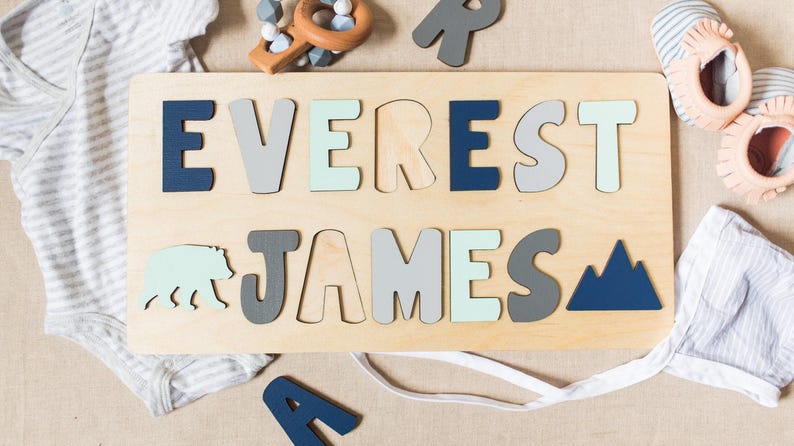 Wooden Name Puzzle, Baby Gift For Easter, First Birthday Gift, Educational Toy, Personalized Gift for Kids, Wood Toy, Woodland Nursey 画像 2