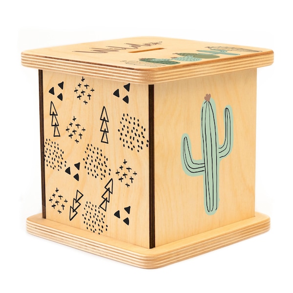 Hucha de madera, decoración infantil con cactus, regalo para recién nacido, alcancía, unisex, regalos con cactus