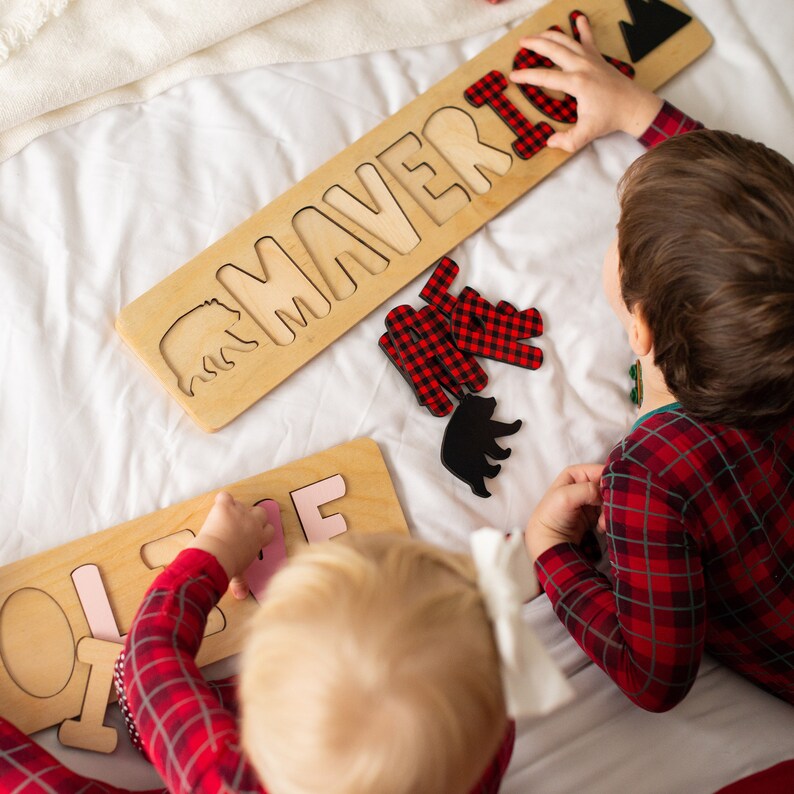 Buffalo Plaid Name Puzzle, Easter Gifts for Kids, Lumberjack First Birthday, Personalized Wooden Puzzle, Gifts for Kids, Woodland Nursery image 5