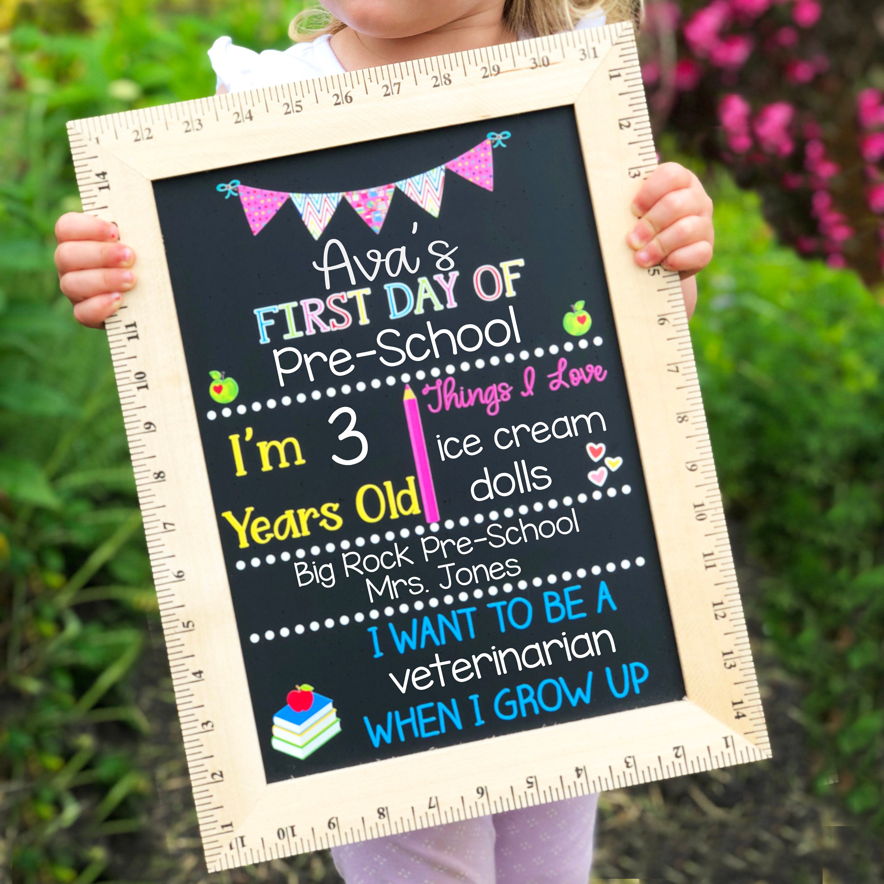 Handmade in USA First and Last Day of School Chalkboard by Page Brook Market Reusable Sign with Real Wooden Ruler Frame